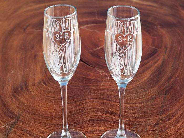 Champagne flutes with a sweet etching