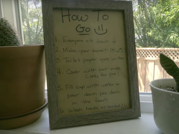 Guests are educated on proper toilet use with a handy cheat sheet on the windowsill.