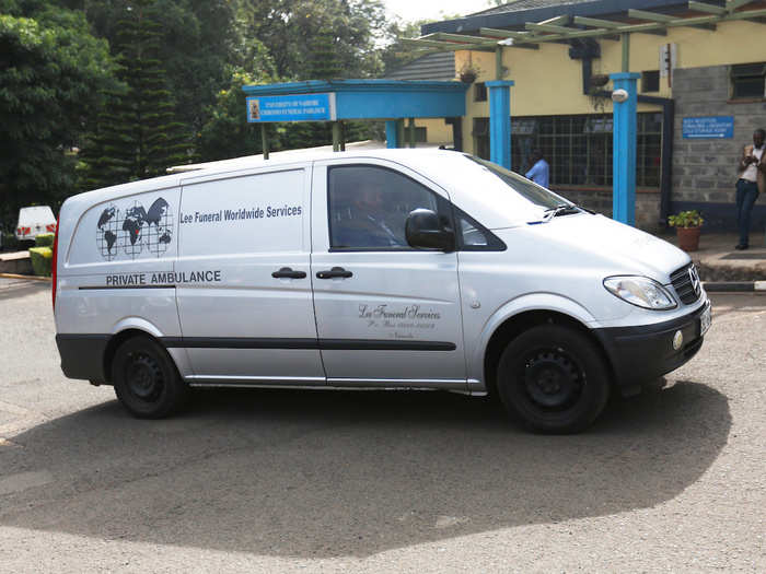 14 people died in the attack, the Kenyan government said. They included 11 Kenyans, an American, and a Briton, Reuters reported, citing morgue staff. Here, a funeral van arrives at the Chiromo mortuary next to the DusitD2 complex on Wednesday.