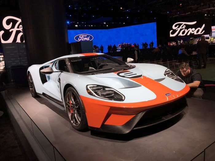 And here we have the Le Mans-winning Ford GT, in historic "Gulf" livery.