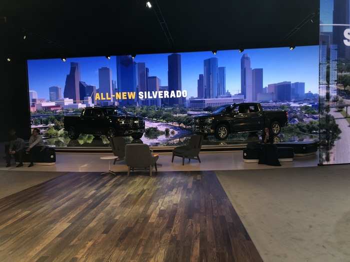 But really, for Chevy, a point of pride was the all-new Silverado full-size pickup truck. Chevy turned the display stand into a conference room!