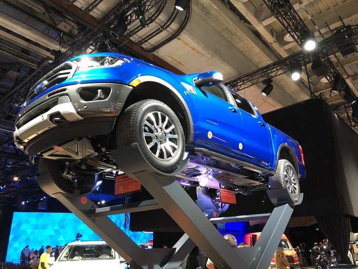 The hotly anticipated Ford Ranger mid-size pickup literally rose above the show floor.