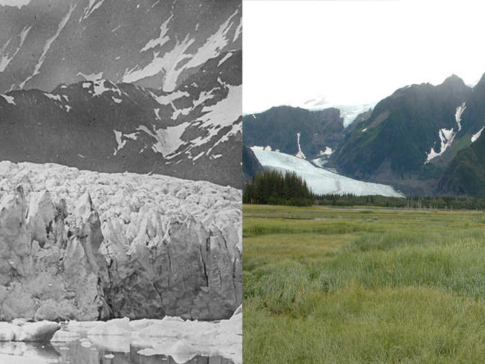 Although many glaciers have shrunk dramatically in the last decade, juxtapositions that show their changes over a longer period of time are even more striking.