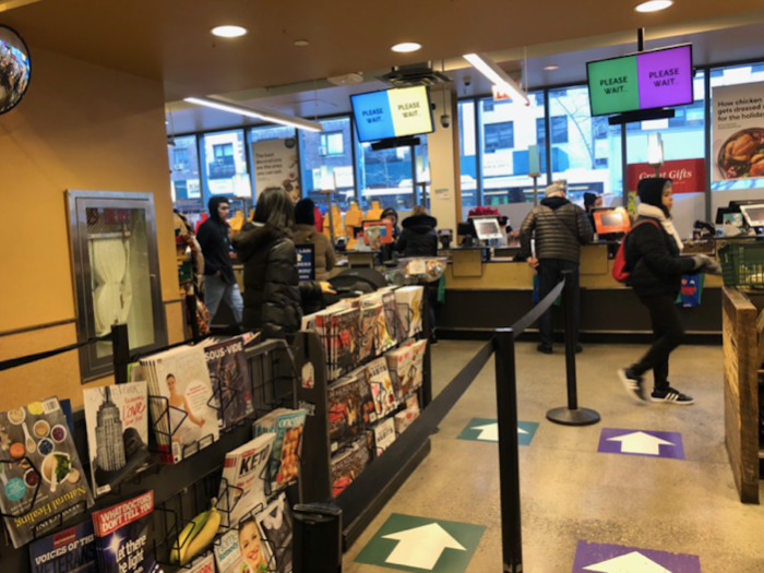 Checking out is often the most frustrating aspect of grocery shopping in a city, although Whole Foods has figured out a system that allows customers to be broken up into a series of lines to help the process move faster.