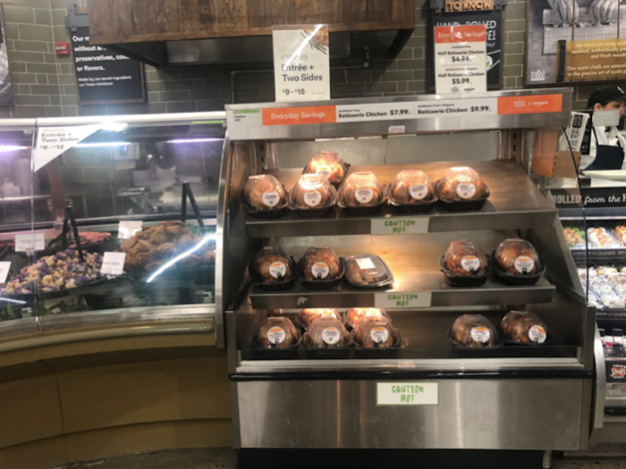 At the Darien Whole Foods, rotisserie chickens start at $7.99.