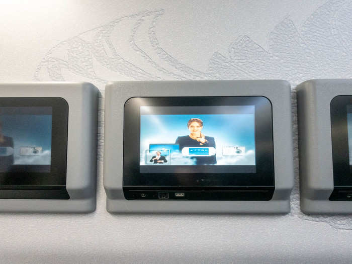 The in-flight safety video is standard, though it plays in Arabic first, then English. Not that I need translation for these at this point. I could probably recite every one by heart.