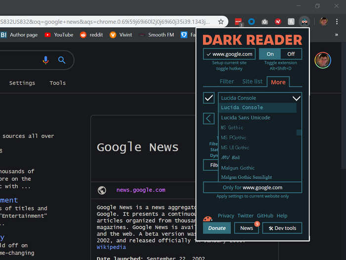 Dark Reader also lets you change the font on any site, which is a nice little customization tool.