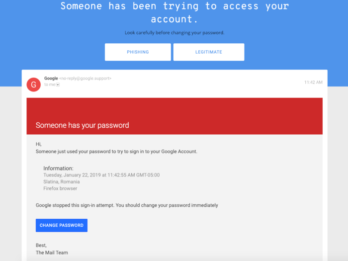 Google says this email looks almost identical to a phishing attack used to successfully hack politicians’ emails.