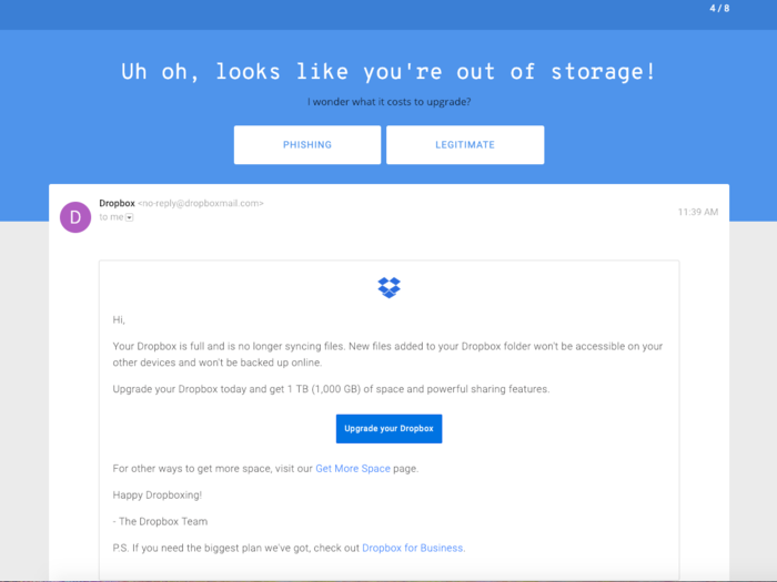 This email mirrors messages people may get from online storage sites, like Dropbox.