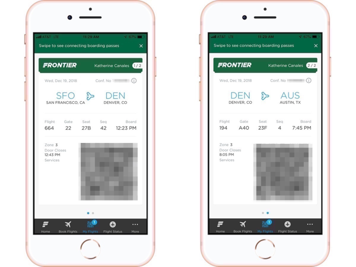 I checked into my flight 24 hours before departure, and my mobile boarding passes appeared in my Frontier app.