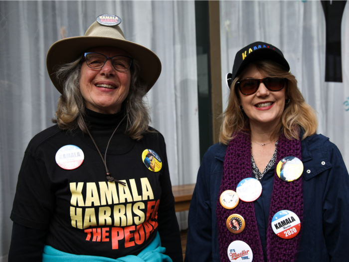 Becky Cecena (left), 68, and Julie Hartford, 57, traveled from the nearby town of Vacaville to witness Harris