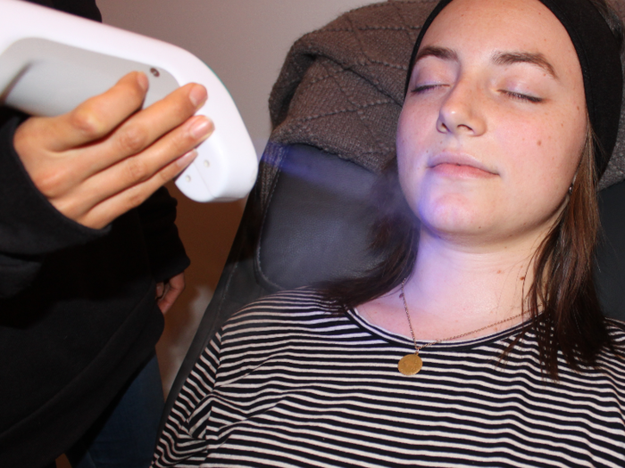 The cryofacial took about 12 minutes, during which time the technician moved the handheld device slowly around all areas of my face and neck. She never held it still in one place, so I didn