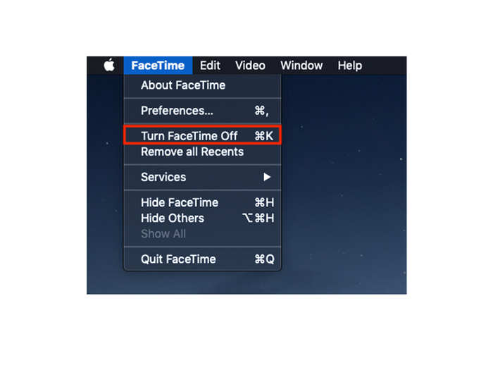 Locate "FaceTime" in the menu bar, found in the upper-left corner of the screen. Select "Turn FaceTime Off."