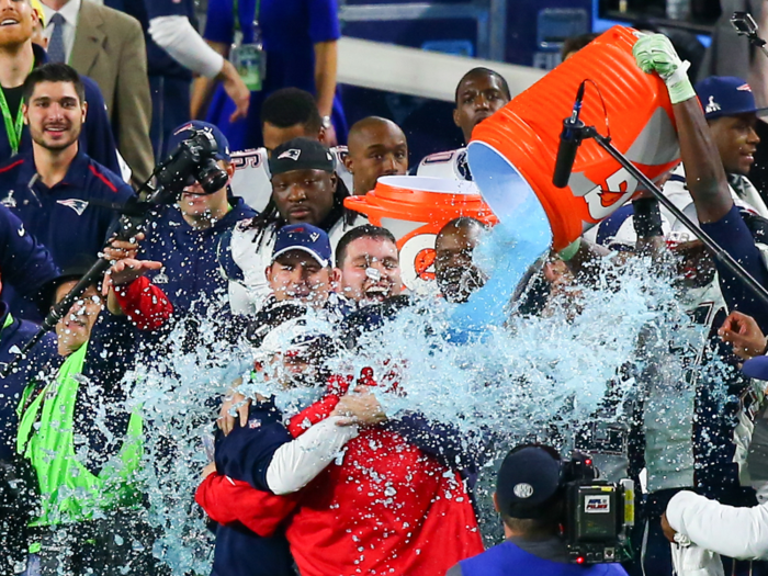 What color liquid will get thrown on the winning coach?