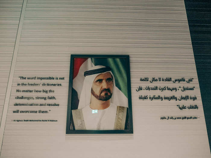 Lest you forget whose boss in Dubai, there are portraits of and quotes by Sheikh Mohammed bin Rashid Al Maktoum.