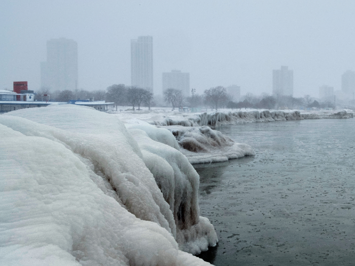 Ice quickly formed along the lakeshore.