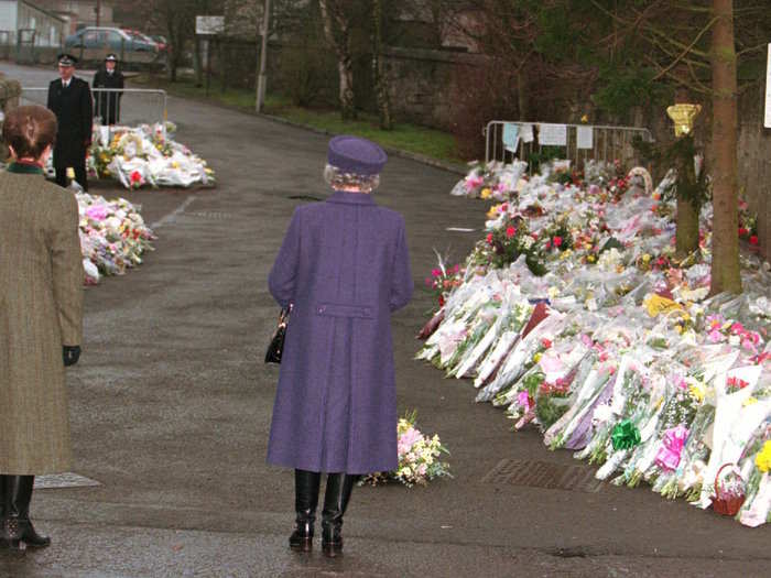 1996: In 1996, the Queen visited the scene of one of the greatest tragedies in recent British history — The Dunblane Massacre. Queen Elizabeth II and her daughter, Princess Anne, visited the small Scottish town to lay wreaths outside the school where 16 children and one teacher were shot and killed.