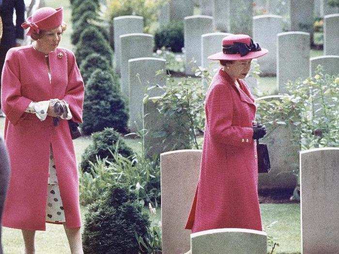 1988: The Queen visited the Netherlands in 1988 to celebrate 300 years of friendship between the two nations. As part of her visit, she and Dutch Queen Beatrix walked through the Arnhem-Oosterbeek War Cemetery, in Oosterbeek. Many British paratroopers who died in World War II are buried in the cemetery​.