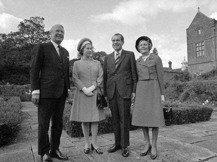 1970: The Queen entertained US president Richard Nixon and his wife on many occasions. This photo shows them with Prime Minister Edward Heath at Chequers, the country retreat of Britain