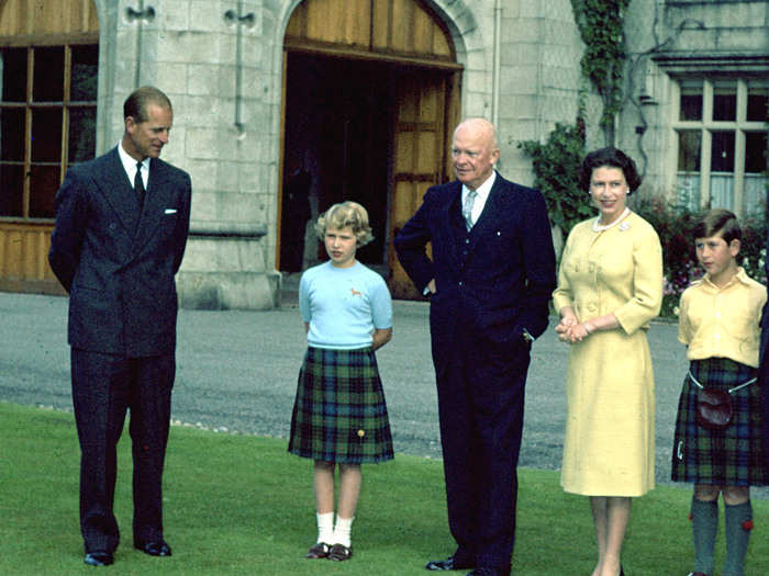 1959: Since taking to the throne, the Queen has met with every sitting US president but one, Lyndon B. Johnson. Here, she stands in the grounds of Balmoral Castle, Scotland, with President Eisenhower. They are joined by Prince Philip, Princess Anne, and Prince Charles.