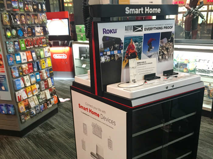 An island of smart home devices, which included Roku products, sat near the controllers.