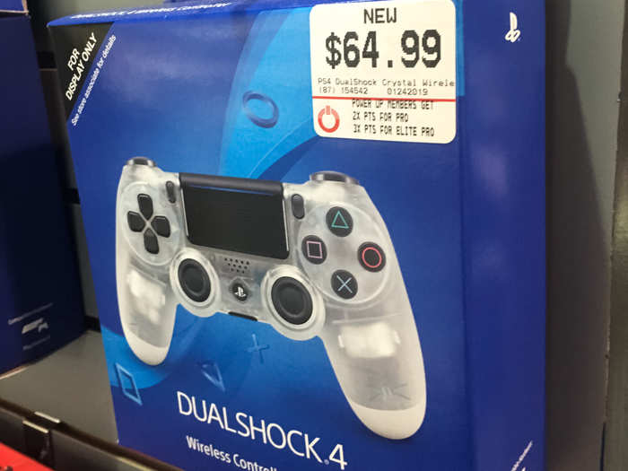 New game controllers, like this Dualshock 4 wireless controller, were displayed. This one was priced at $64.99.