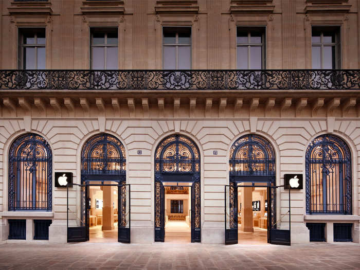 Apple opened a store in a refurbished bank building in Paris in 2010. The store is located just across the street from a famous opera house.