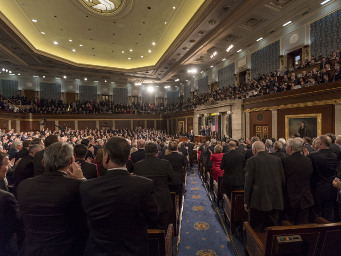 Democrats sit stage right, Republicans sit stage left.