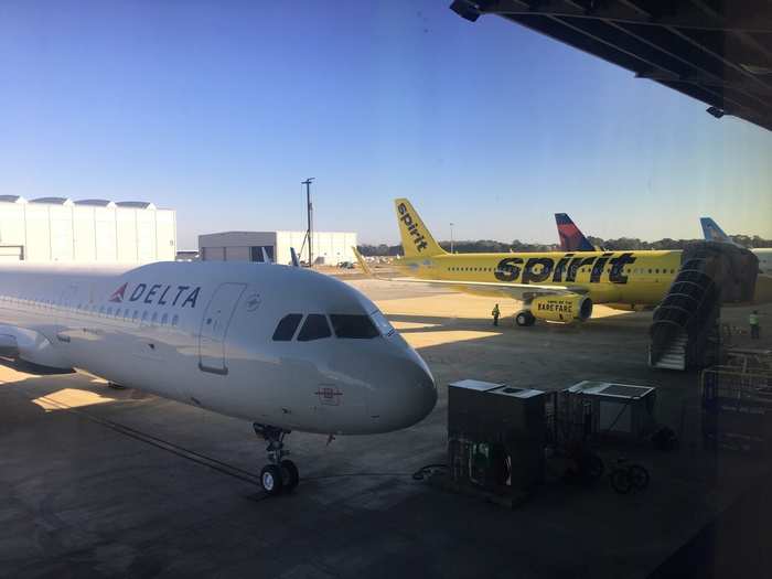 Looking out from the delivery center, we see jets bound for Delta, Spirit, and Frontier.