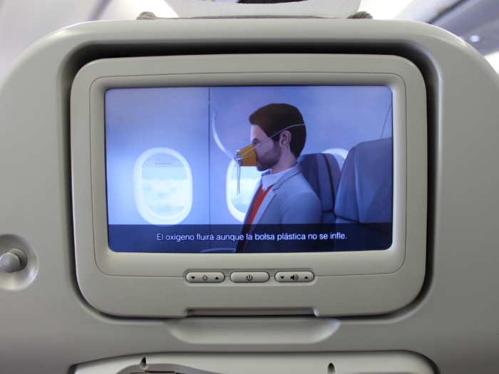 Our takeoff was kicked off by the air safety video. I was hoping for a lighthearted video or something else entertaining, but it ended up just being this vaguely-creepy CGI recording. It was aired first in Spanish with Spanish subtitles, then English with English subtitles.