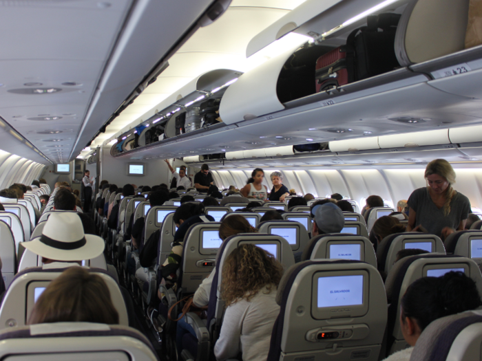 I was in row 25. I was right in front of the bathrooms, and I thought this would be a problem for reclining my seat all the way back, but I was able to recline without much issue. However, my placement near the bathrooms did result in an unpleasant odor wafting occasionally to my seat throughout the six-hour flight.