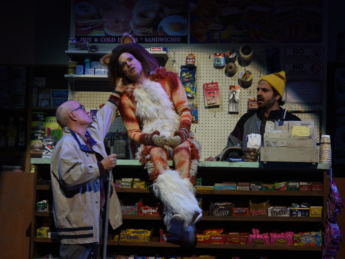 The play started off with a scene set at a bodega on the day of the Super Bowl, where Hall makes an appearance, dressed as a.... cat. Hall — who is best known for his roles in Dexter and Six Feet Under — humorously questions whether he is ruining his career by being a sell-out and starring in the Skittles show.