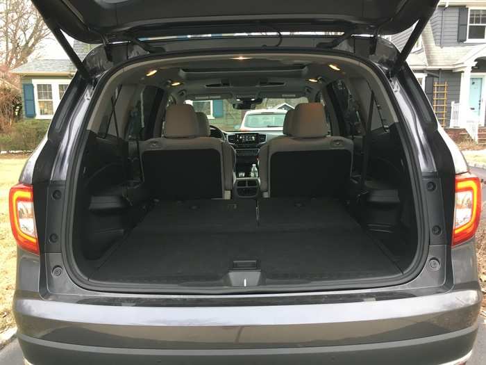 With the rearmost seats folded down, cargo volume expands to 46 cubic feet. With the second row folded, that figure expands to 82 cubic feet.