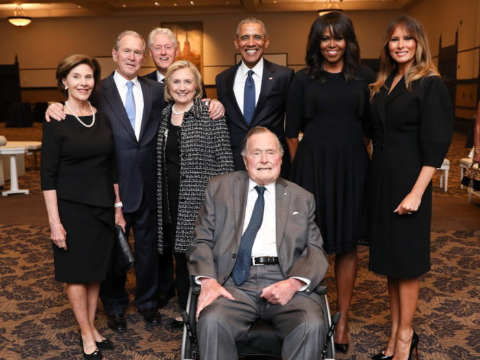 Melania brushed shoulders with political icons when she appeared alongside the past four presidents at former first lady Barbara Bush