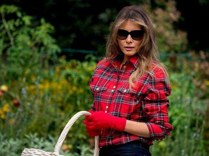 Proving her dedication to both high-end fashion and childhood development, the first lady sported a Balmain plaid shirt that cost more than $1,000 at the time to host local schoolchildren in September 2017 at the White House Kitchen Garden.