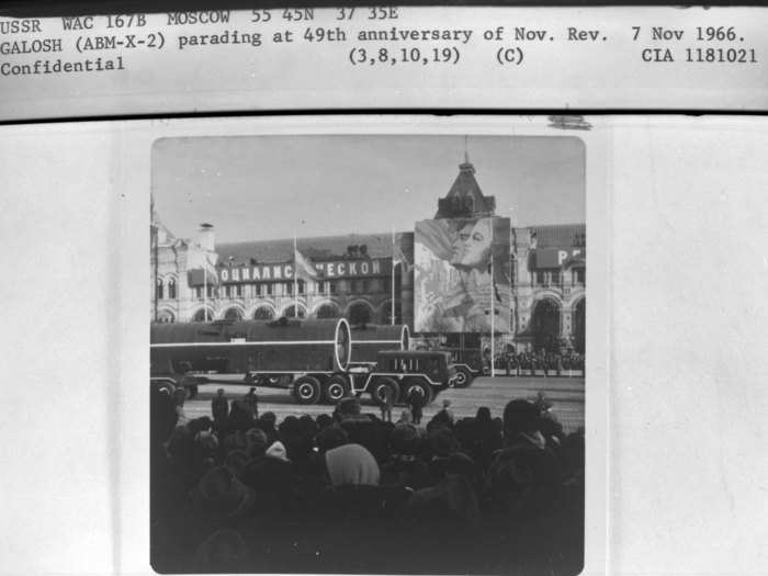 This image from the 49th anniversary of the Bolshevik Revolution shows typical Soviet propaganda in Red Square.