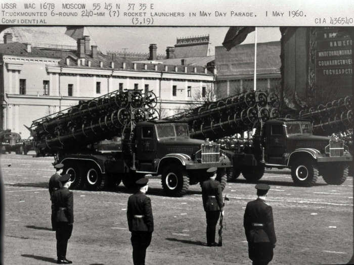 This formerly confidential image shows truck-mounted rocket launchers.