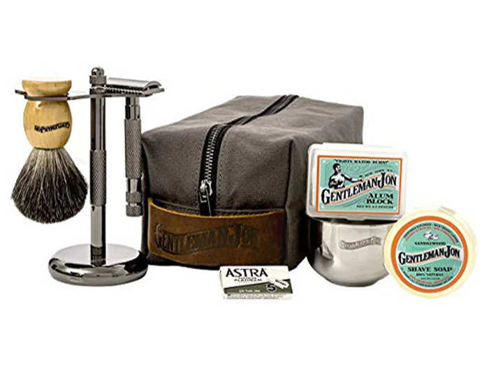 A kit with everything they need for a clean shave stored in a nice travel bag