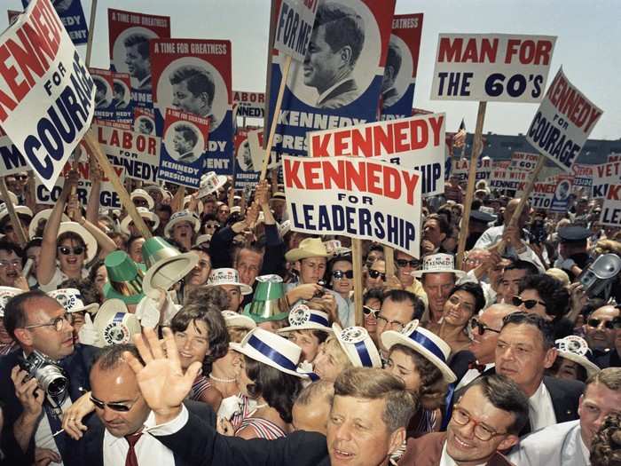 Kennedy was swarmed by supporters in Los Angeles at the convention, where he would accept the Democratic nomination for president with remarks before a roaring audience.