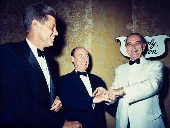 Kennedy was friendly with other Democrats who had eyes on the presidency, as he is pictured here on July 10, 1960 in Beverly Hills with Adlai Stevenson and Texas Sen. Lyndon B. Johnson, who would become his vice president.