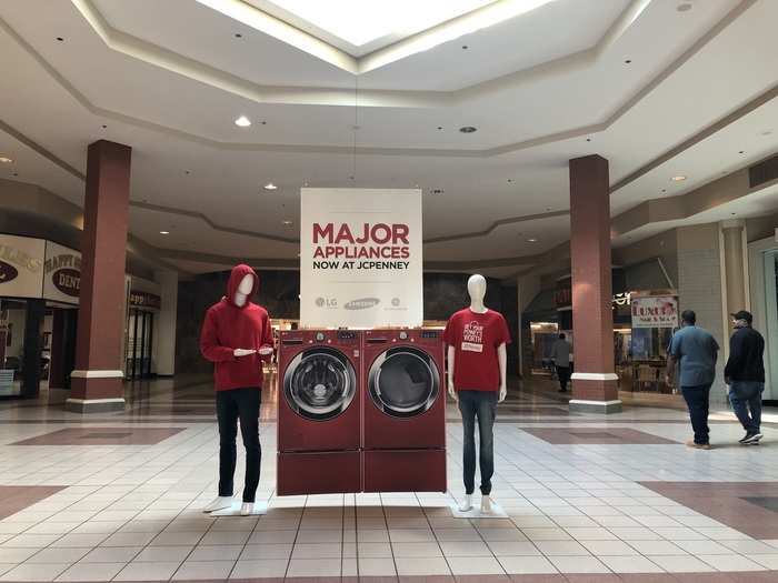 A second sign also prominently advertised appliances several yards from the entrance. These ads could be an indication that many customers remain unaware that JCPenney is selling appliances, several years after it entered the business.