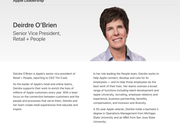 She started in her new job on Tuesday, according to an SEC filing. Her bio page on Apple