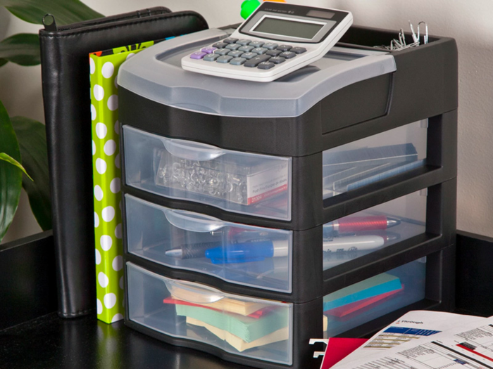 A desktop storage unit with see-through drawers