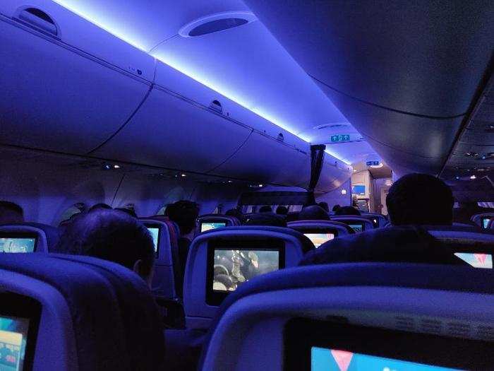 Soon it was time for takeoff. The cabin crew switch on the blue mood lighting and we were on our way.