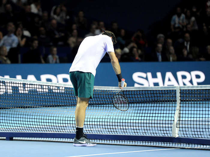 2017: At the Swiss Indoors, Federer whacked his racket onto the net while he was losing to Juan Martin Del Potro, but rallied to get the win.