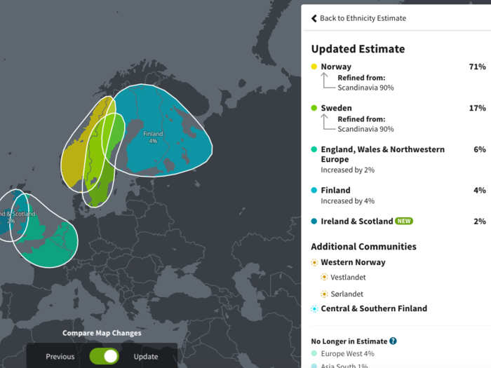 A lot had changed. When I first got my results, I had been told I was 90% Scandinavian, not breaking out Norway from Sweden. According to the most recent update from September 2018, I was a whopping 71% Norwegian, 17% Swedish, 6% English/Welsh/Northwestern Europe, and 4% Finnish, up from less than 1%. This slide shows how my initial results compared to my updates.