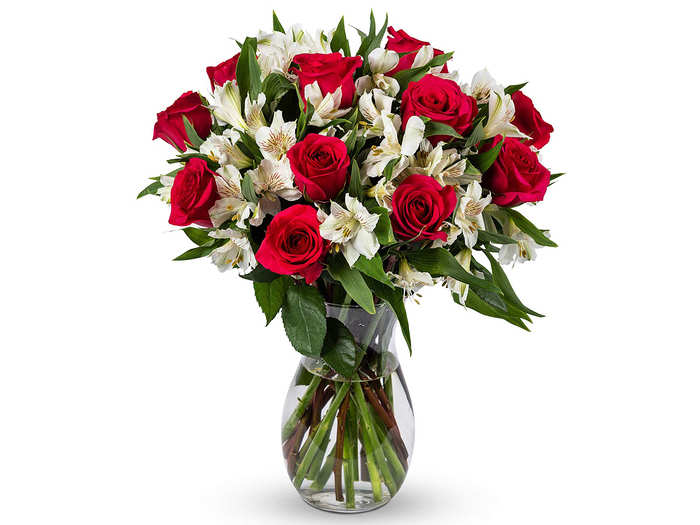 A bouquet of red roses and alstroemeria