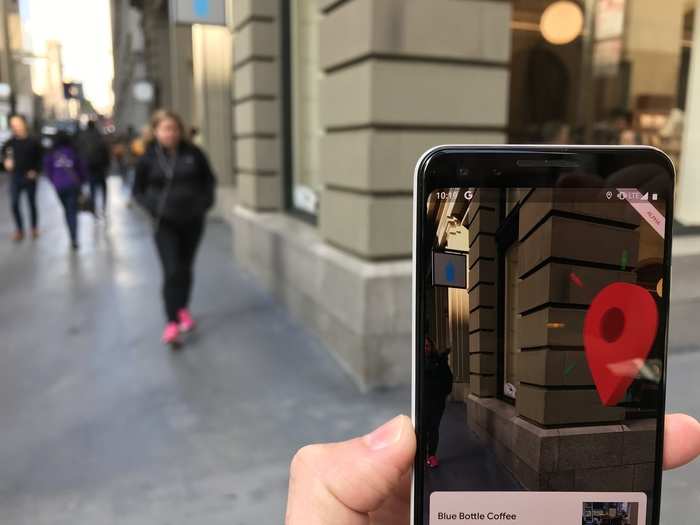 Once you arrive at your destination, a pin-drop will appear with a fun animation to accompany it. Since we were heading to grab a coffee, Google Maps also pulled up information about Blue Bottle in case we wanted to check out photos and reviews before walking in.