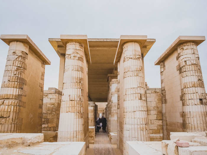 Saqqara houses the oldest stone building in history — the Djoser funerary complex. The complex is begins with this colonnade with columns carved to look like bundles of plant stems.