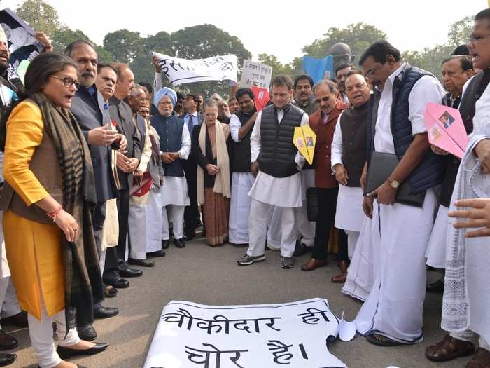 The Congress lawmakers were seen flying paper planes that had Rafale written on them alleging corruption in the multi-billion deal.